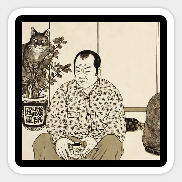 Asian elderly man sitting in lotus position drinking tea Sticker by KOTYA